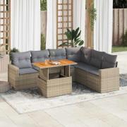vidaXL Matgrupp för trädgården med dynor 7 delar beige konstrotting