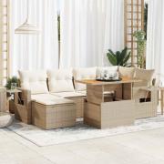 vidaXL Matgrupp för trädgården med dynor 7 delar beige konstrotting