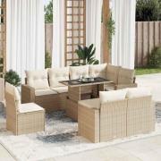 vidaXL Soffgrupp för trädgården med dynor 9 delar beige konstrotting