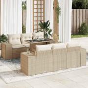 vidaXL Matgrupp för trädgården med dynor 7 delar beige konstrotting