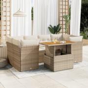 vidaXL Matgrupp för trädgården med dynor 7 delar beige konstrotting