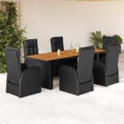 vidaXL Matgrupp för trädgården med dynor 7 delar svart konstrotting