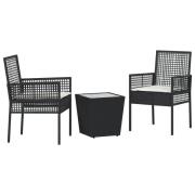 vidaXL 3-delars trädgårdsbistro set med kuddar svart polyrotting