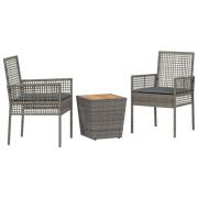vidaXL 3-delat trädgårdsbistro set med kuddar grå poly rattan