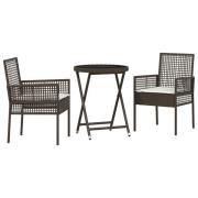 vidaXL 3 Delars Trädgårds Bistro Set med Kuddar Brun Poly Rattan