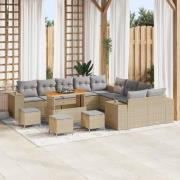 vidaXL 14-delad trädgårdsoffasett med kuddar Beige Poly Rattan Akacia,...