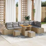 vidaXL 9 Delars Trädgårdssoffset med Kuddar Beige Poly Rattan Akacia, ...