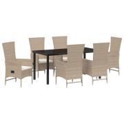 vidaXL 7-delat Trädgårds matsalsset med kuddar Beige Poly Rattan