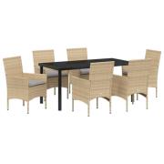 vidaXL 7-delat trädgårdsmatsalset med kuddar beige poly rattan, vidaXL...