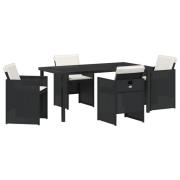vidaXL 5 Delar Trädgårds Matbord Set med Kuddar Svart Poly Rattan