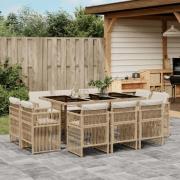 vidaXL Matgrupp för trädgården med dynor 11 delar beige konstrotting