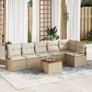 vidaXL 7 Delars Trädgårdsoffaset med Kuddar Beige Poly Rattan Akacia, ...