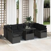 vidaXL 10-delars trädgårdsoffaset med kuddar svart poly rattan, vidaXL...