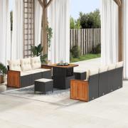 vidaXL 10-delad trädgårdsssofa set med kuddar svart poly rattan akacia...