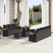 vidaXL 10-delad trädgårdsofa set med kuddar svart poly rattan akacia, ...