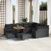 vidaXL 12-delars Trädgårdsofa-set med kuddar Svart Poly Rattan Acacia,...