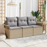 vidaXL 3-delad trädgårdssoffa med kuddar beige poly rattan