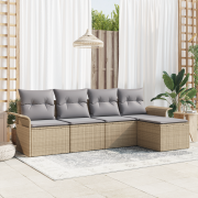 vidaXL 5-delars Trädgårdsoff??? med Kuddar - Beige Poly Rattan