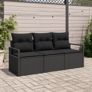 vidaXL 3-delars Trädgårdsoff set med kuddar Svart Poly Rattan