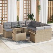 vidaXL 9 Delars Trädgårdsoffagrupp med Kuddar Beige Poly Rattan