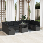 vidaXL 11 Delars Trädgårdsoff set med kuddar Svart Poly Rattan