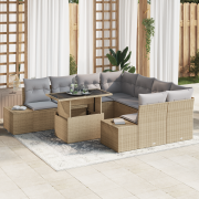 vidaXL 9-delat trädgårdsoff-set med kuddar i beige poly rattan
