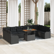 vidaXL 11-delars trädgårdsoff-set med kuddar svart poly rattan akacia