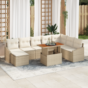 vidaXL 9 Delars Trädgårdsdining Set med Kuddar Beige Poly Rattan Akaci...