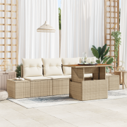 vidaXL 5 Delars Trädgårdsmatbord med Kuddar Beige Poly Rattan Akacia
