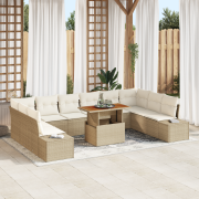 vidaXL 11 Delars Trädgårds Matgrupp med Kuddar Beige Poly Rattan Akaci...