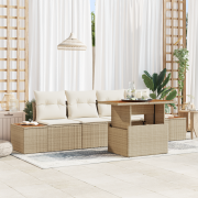 vidaXL 5-delars trädgårdsmatmöbelset med dynor Beige Poly Rattan Akaci...