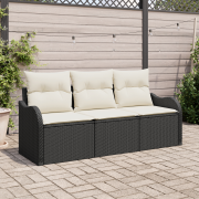 vidaXL 3-delars Trädgårdsoffaset med Kuddar Svart Poly Rattan