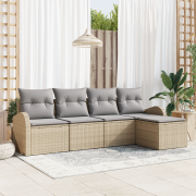 vidaXL 5 Delars Trädgårdssoffaset med Kuddar Beige Poly Rattan