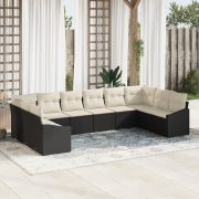 vidaXL 10 Delars Trädgårdsmöbelset med Kuddar Svart Poly Rattan
