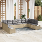 vidaXL 10 Delar Trädgårdsoffaset med kuddar Beige Poly Rattan