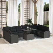 vidaXL 11-delars Trädgårdsofa Set med Kuddar Svart Poly Rattan