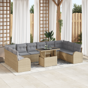 vidaXL 11-delars trädgårdsoffuppsättning med kuddar beige polyrotting