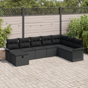vidaXL 8-delad Trädgårdsofa Set med Kuddar Svart Poly Rattan