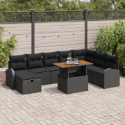 vidaXL 9 Delar Trädgårdsoff-set med Kuddar Svart Poly Rattan