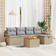 vidaXL 6-delad trädgårdssoffgrupp med kuddar Beige Poly Rattan