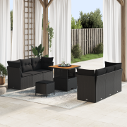 vidaXL 9-delars trädgårdssoffa-set med kuddar, svart poly rattan akaci...