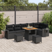 vidaXL 9 Delar Trädgårdsoff Set med Kuddar Svart Poly Rattan Akacia