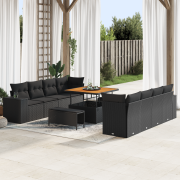 vidaXL 11-delars Trädgårdsofagruppe med Kuddar Svart Poly Rattan Akaci...