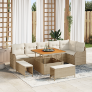 vidaXL 9-delars Trädgårdsoffaset med Kuddar Beige Poly Rattan Akacia, ...