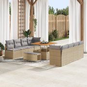 vidaXL 11-delad trädgårdsoffaset med kuddar beige polyrotting akacia