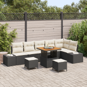 vidaXL 9 Stycken Trädgårdsoffasett Med Kuddar Svart Poly Rattan Akacia