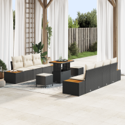 vidaXL 10 Delars Trädgårdssoffa Set med Kuddar Svart Poly Rattan Akaci...