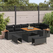 vidaXL 9-delad Trädgårdsoffagrupp med Kuddar Svart Poly Rattan Acacia