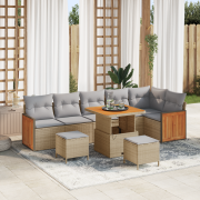 vidaXL 9-delars trädgårdsoffasett med kuddar beige poly rattan akacia