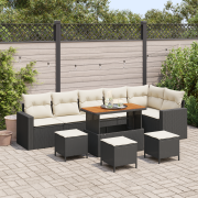 vidaXL 10-delars Trädgårdsofa Set med Kuddar Svart Poly Rattan Akacia